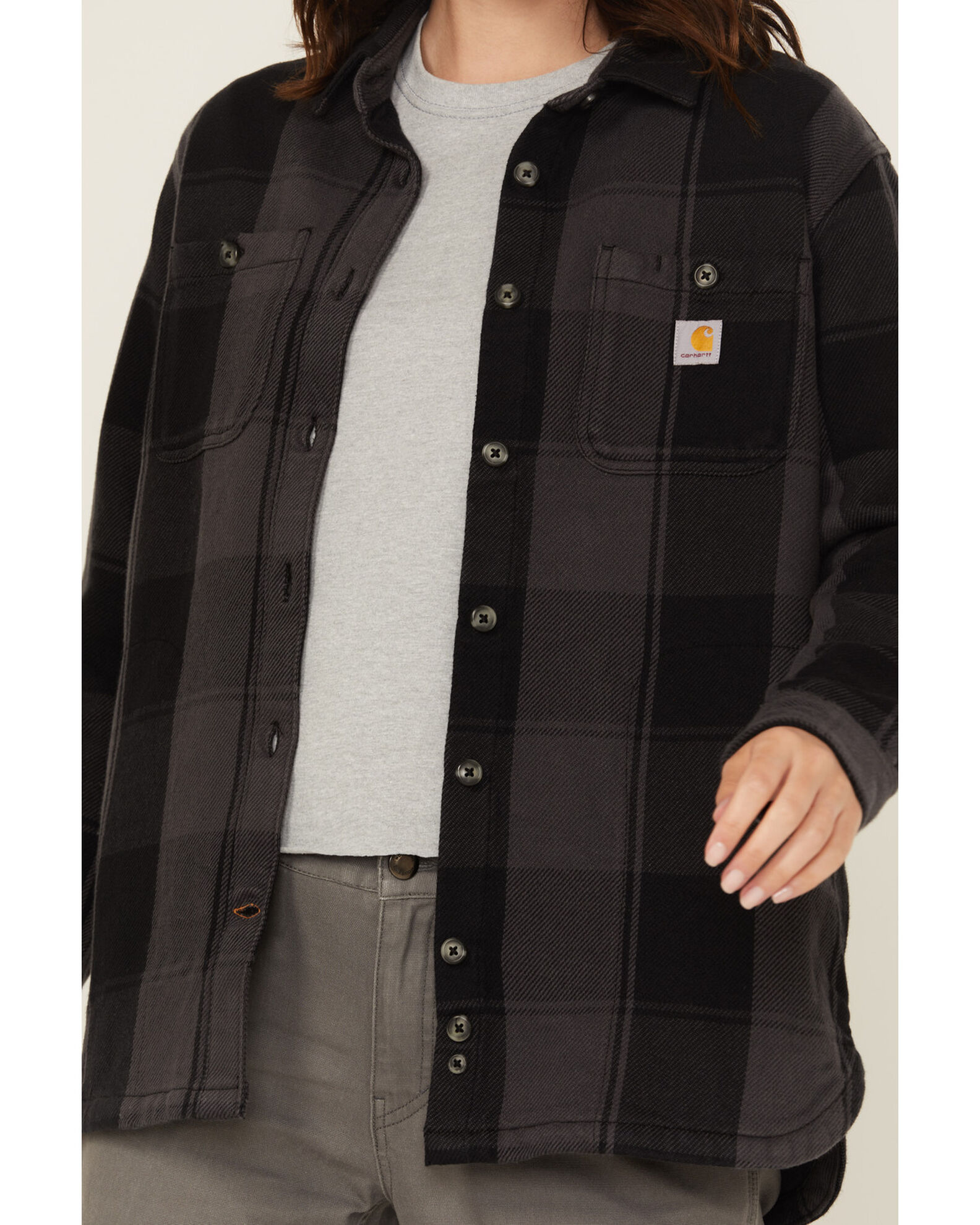 Image #3 - Carhartt Women's Rugged Flex® Loose Fit Heavyweight Duck Long Sleeve Button-Down Shacket, Black, hi-res