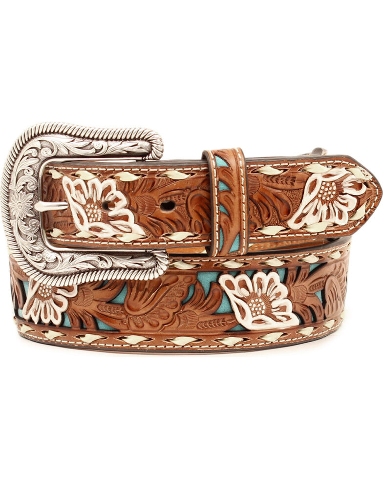 Nocona Women's Brown Floral Tooled Overlay Leather Belt | Boot Barn