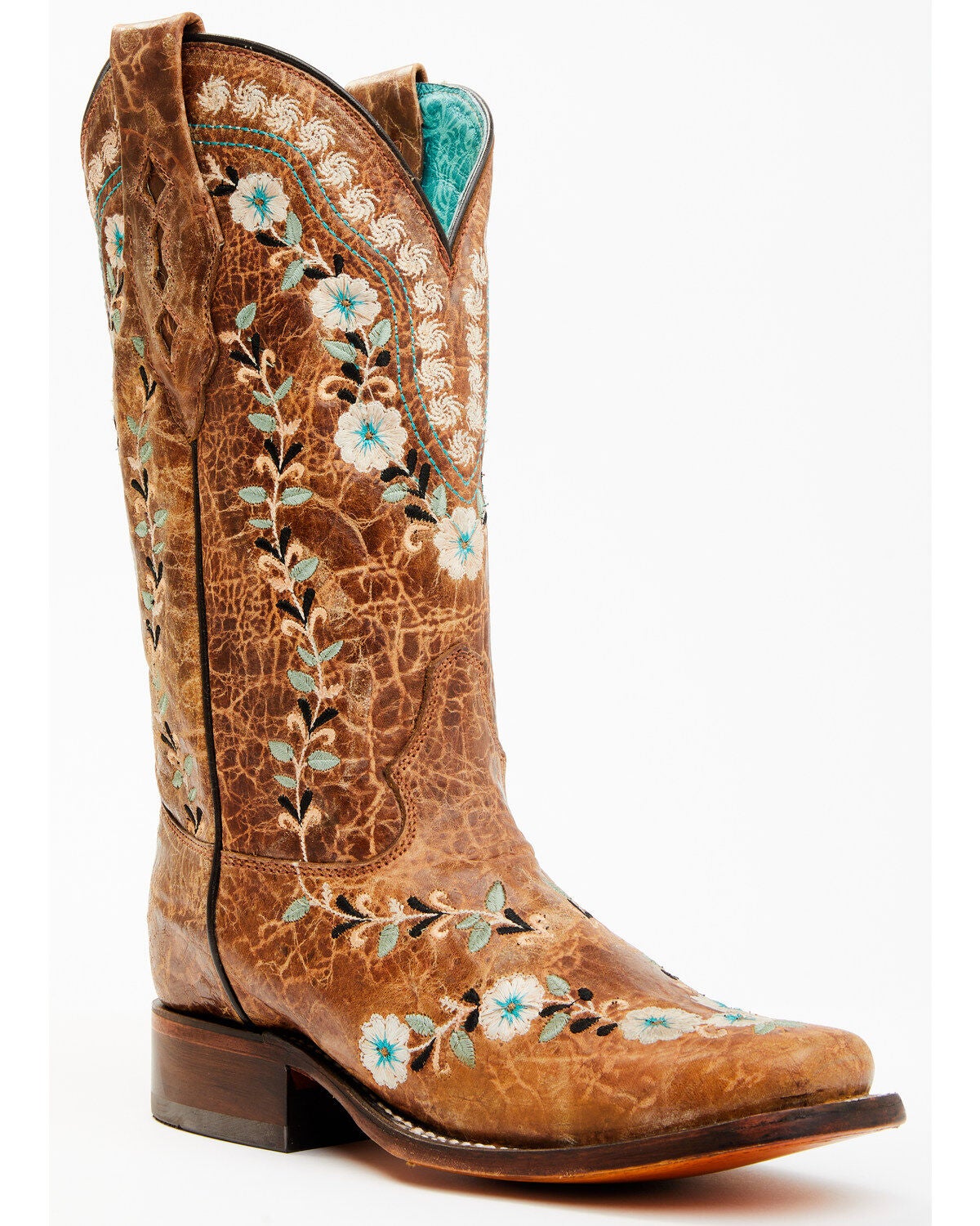 Corral Women's Floral Blacklight Western Boots - Square Toe, Cognac, hi-res