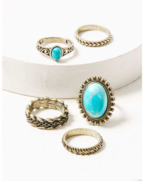 Shyanne Women's 5-piece Gold & Turquoise Ring Set, Gold, hi-res