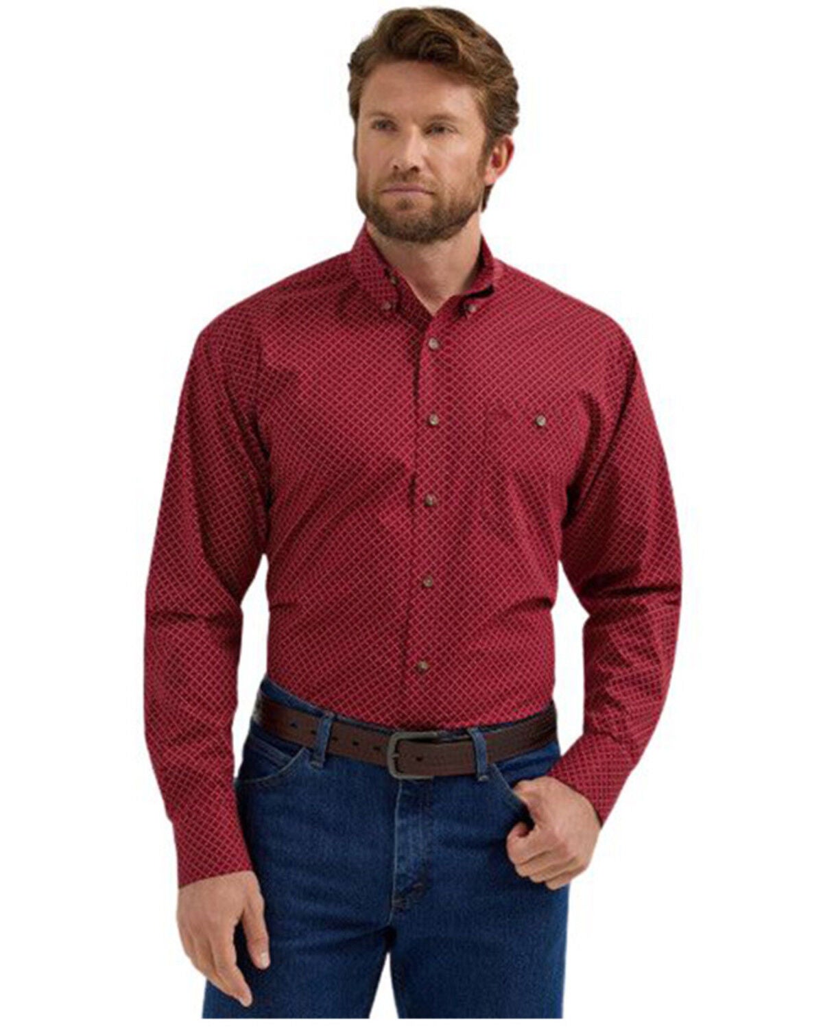 Wrangler Men's Classics Geo Print Long Sleeve Button-Down Stretch Western Shirt, Red, hi-res