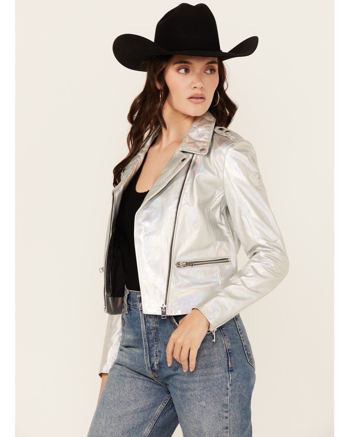 Mauritius Leather Women's Adeni Iridescent Leather Jacket, Silver, hi-res
