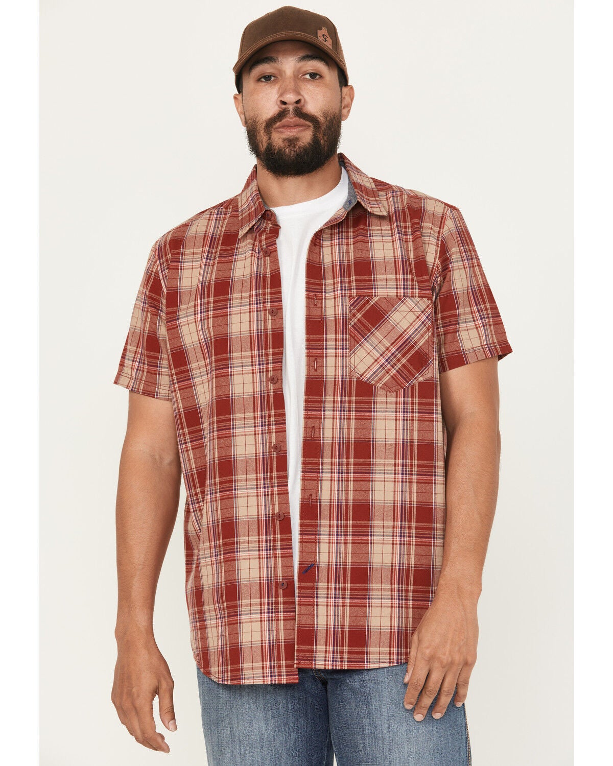 Brothers and Sons Men's Amador Plaid Print Short Sleeve Button-Down Western Shirt, Dark Red, hi-res