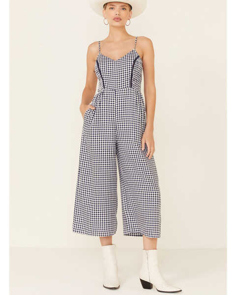 Tempted Women's Gingham Smocked Jumpsuit, Navy, hi-res