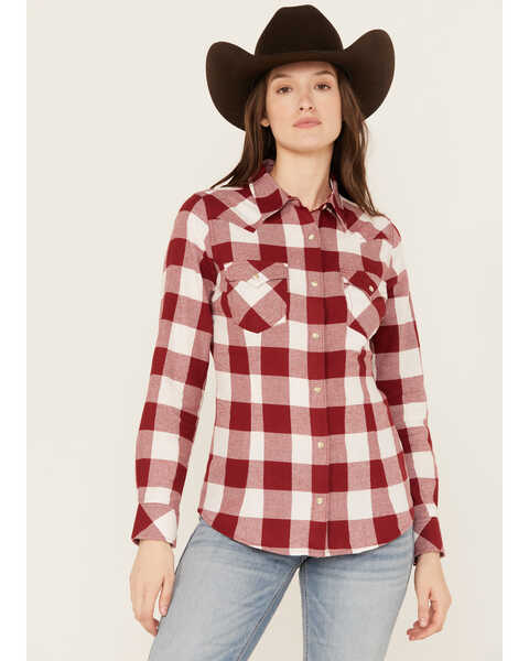 Wrangler Retro Women's Long Sleeve Snap Western Flannel Shirt, Red, hi-res