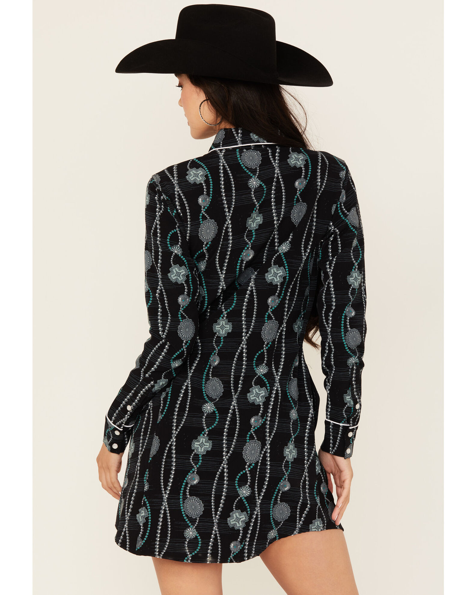 Image #4 - Panhandle Women's Concho Print Long Sleeve Snap Western Mini Dress, Black, hi-res