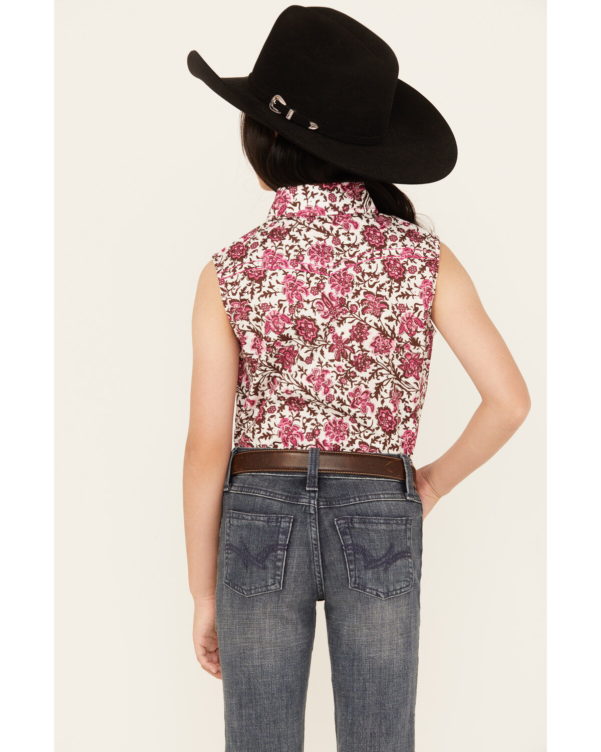 Image #4 - Cowgirl Hardware Girls' Floral Print Sleeveless Snap Western Shirt, Burgundy, hi-res