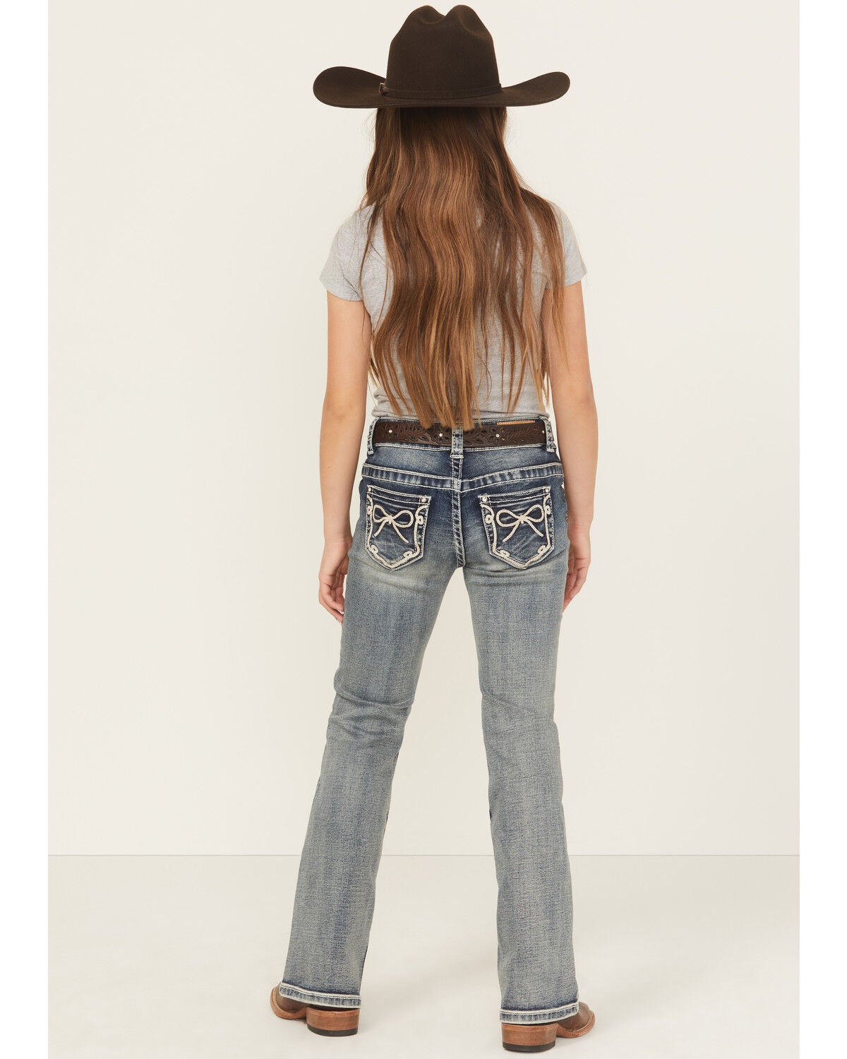 Shyanne Girls' Washed Bow Pocket Bootcut Stretch Denim Jeans, Dark Grey, hi-res