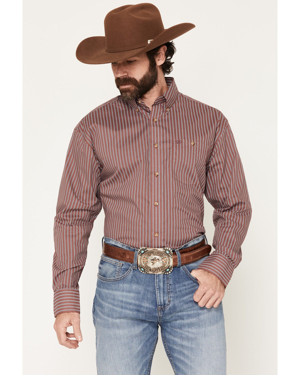 Wrangler Men's Classics Striped Long Sleeve Button-Down Western Shirt, Red, hi-res