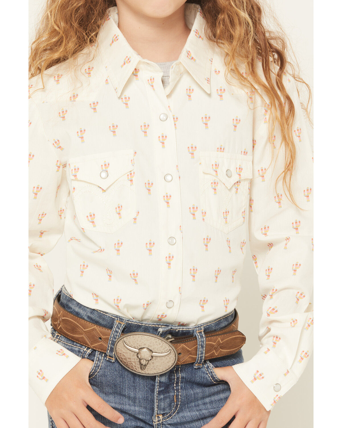 Image #3 - Panhandle Girls' Cactus Print Long Sleeve Pearl Snap Western Shirt, Cream, hi-res