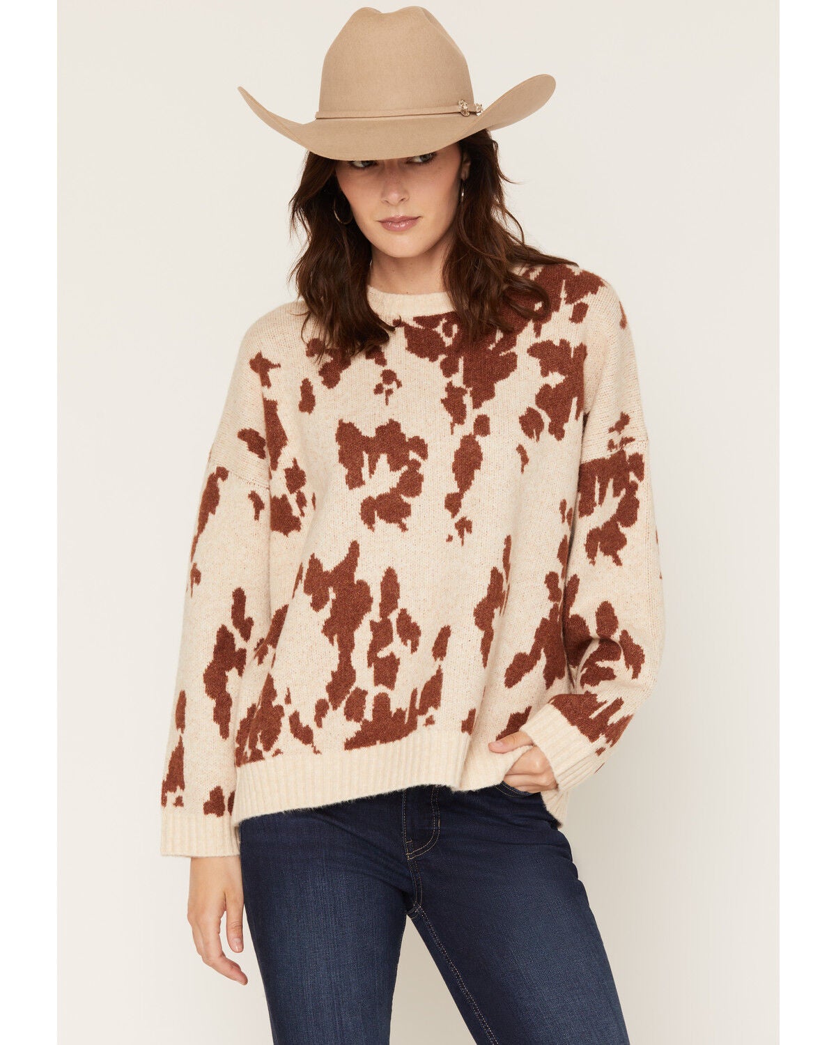 Image #1 - By Together Women's Cow Print Sweater, Natural, hi-res