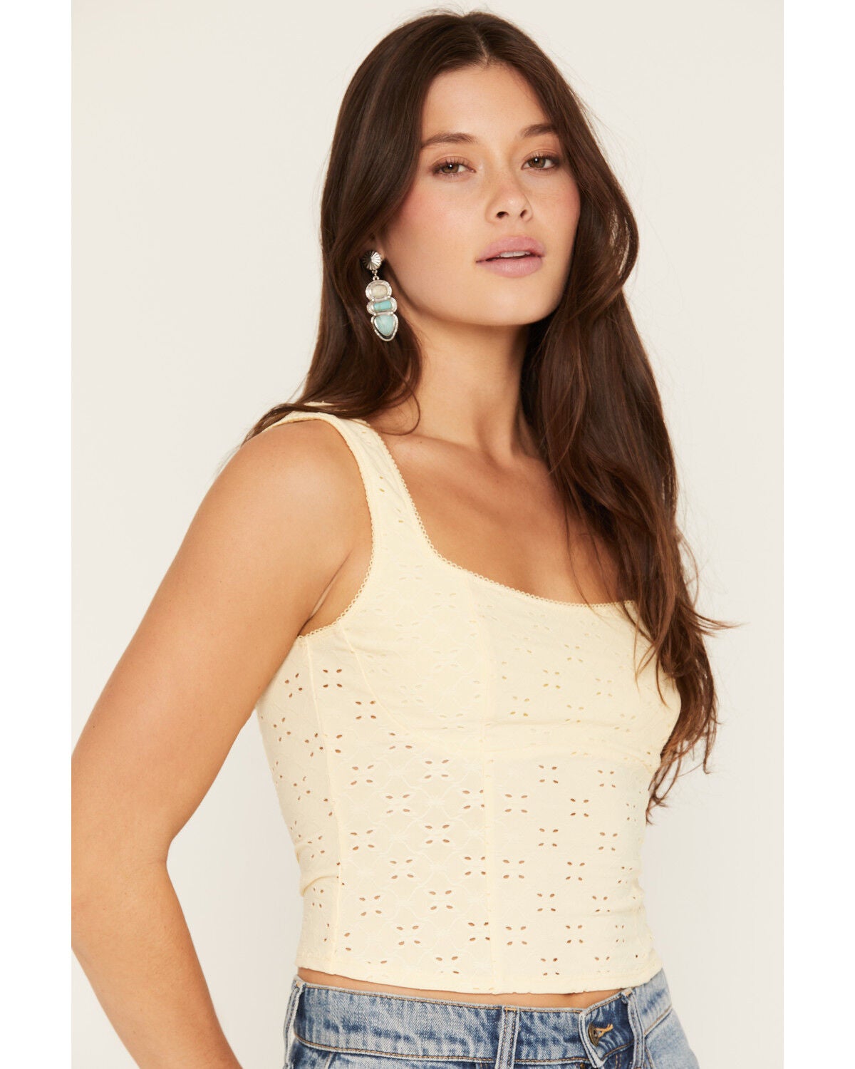 Image #2 - Ash & Violet Women's Solid Eyelet Sleeveless Tank Top, Yellow, hi-res
