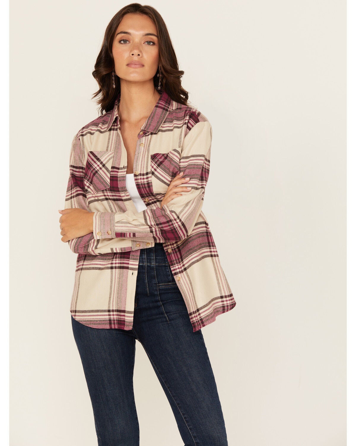 Shyanne Women's Plaid Print Long Sleeve Button-Down Western Shirt, Fuchsia, hi-res