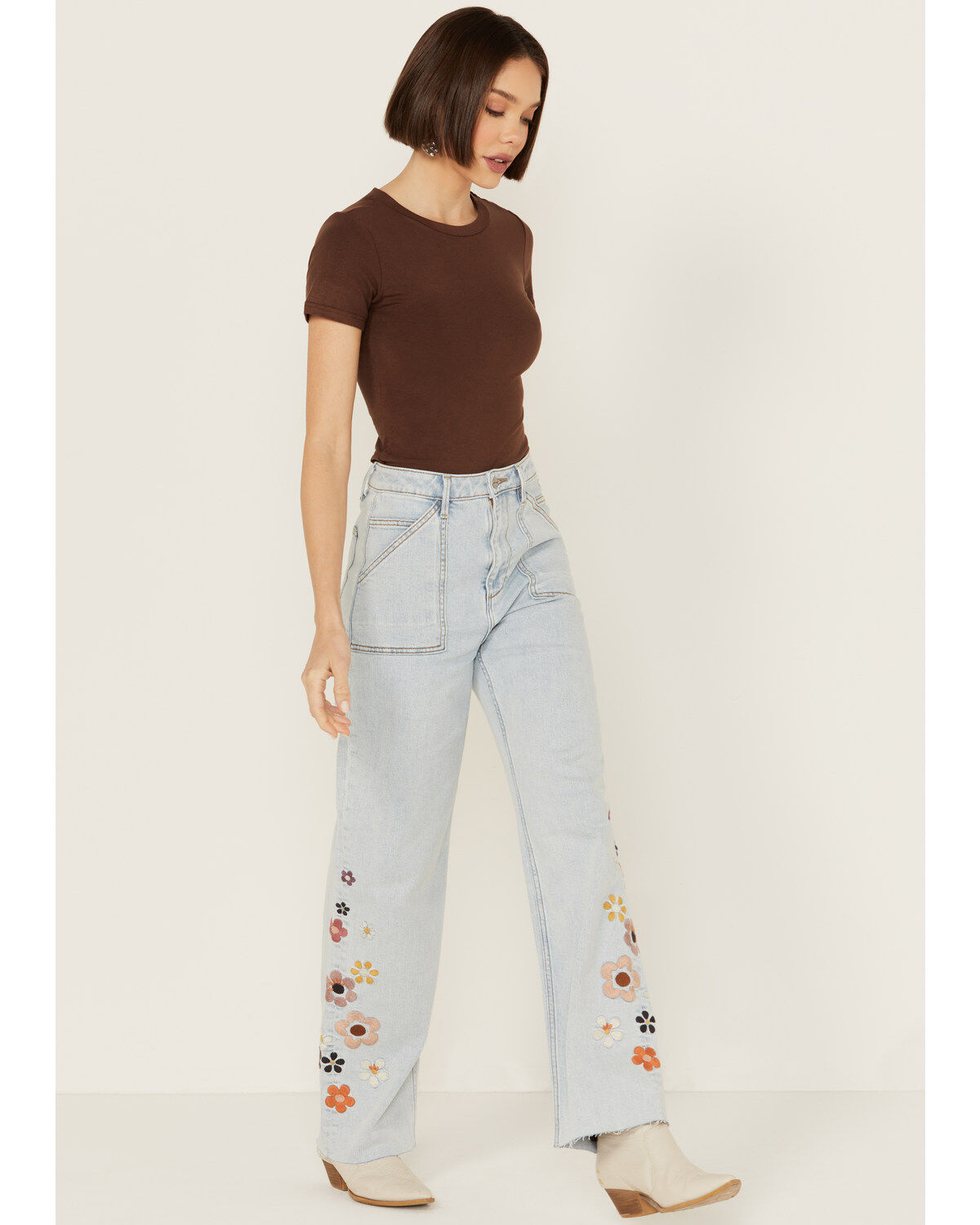 Image #1 - Driftwood Women's Callie X Boogie Nights Light Wash High Rise Floral Embroidered Straight Stretch Denim Jeans, Light Wash, hi-res