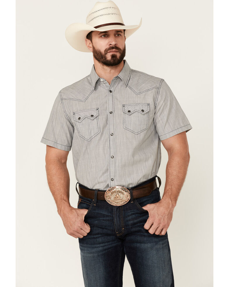 Cody James Men's Railroad Stripe Short Sleeve Snap Western Shirt , Grey, hi-res