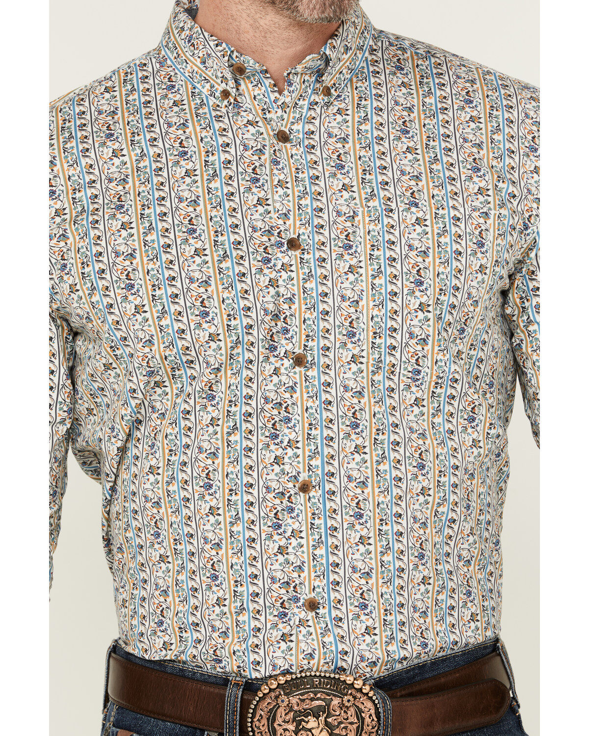 Image #3 - Cody James Men's Wells Floral Striped Print Long Sleeve Button-Down Stretch Western Shirt, Gold, hi-res