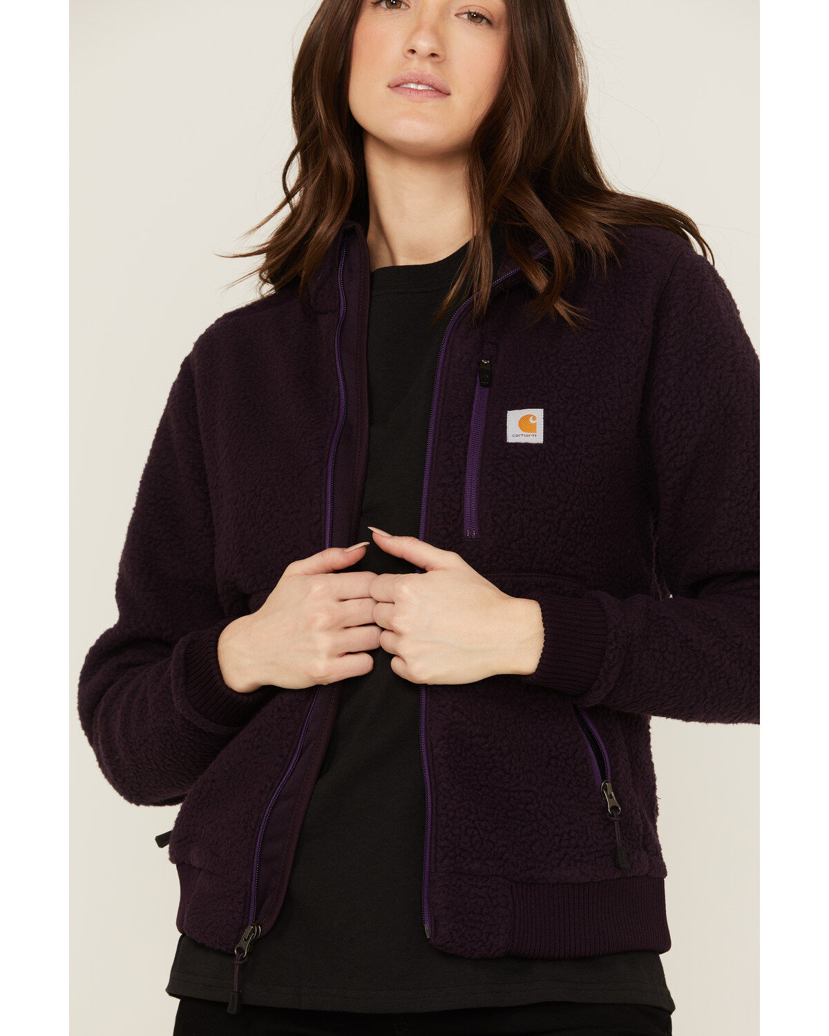 Image #3 - Carhartt Women's Solid Purple Relaxed Fit Zip-Front Sherpa Fleece Work Jacket, , hi-res