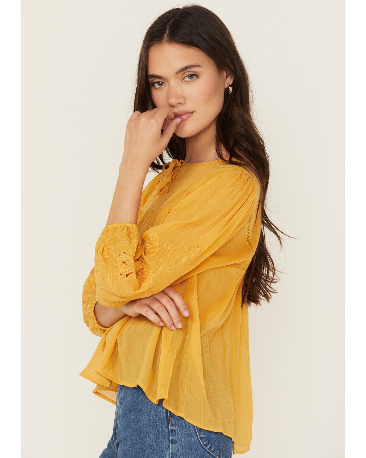 Cleo + Wolf Women's Floral Embroidered Long Sleeve Peasant Top, Yellow, hi-res