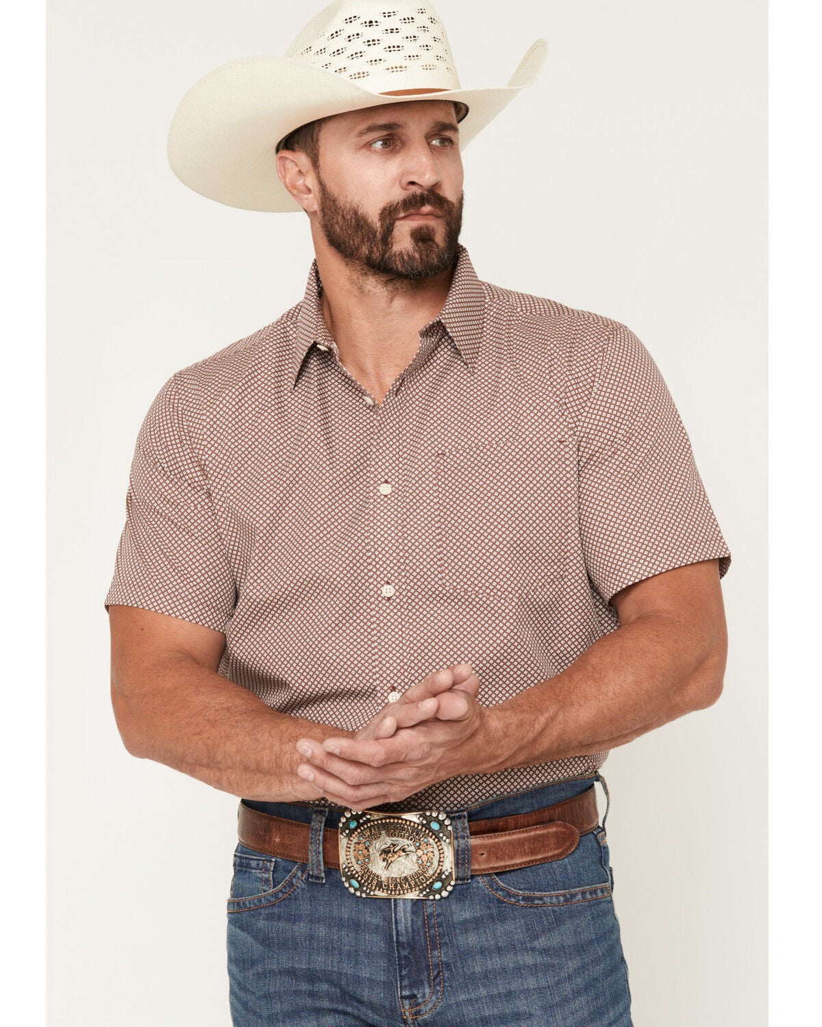 Image #1 - Gibson Trading Co Men's Kick Dust Geo Print Short Sleeve Button-Down Western Shirt - Big, Burgundy, hi-res