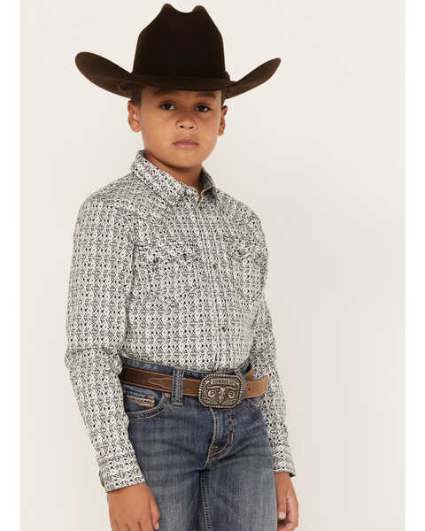 Image #2 - Cody James Boys' Southwestern Print Long Sleeve Western Snap Shirt, Dark Blue, hi-res