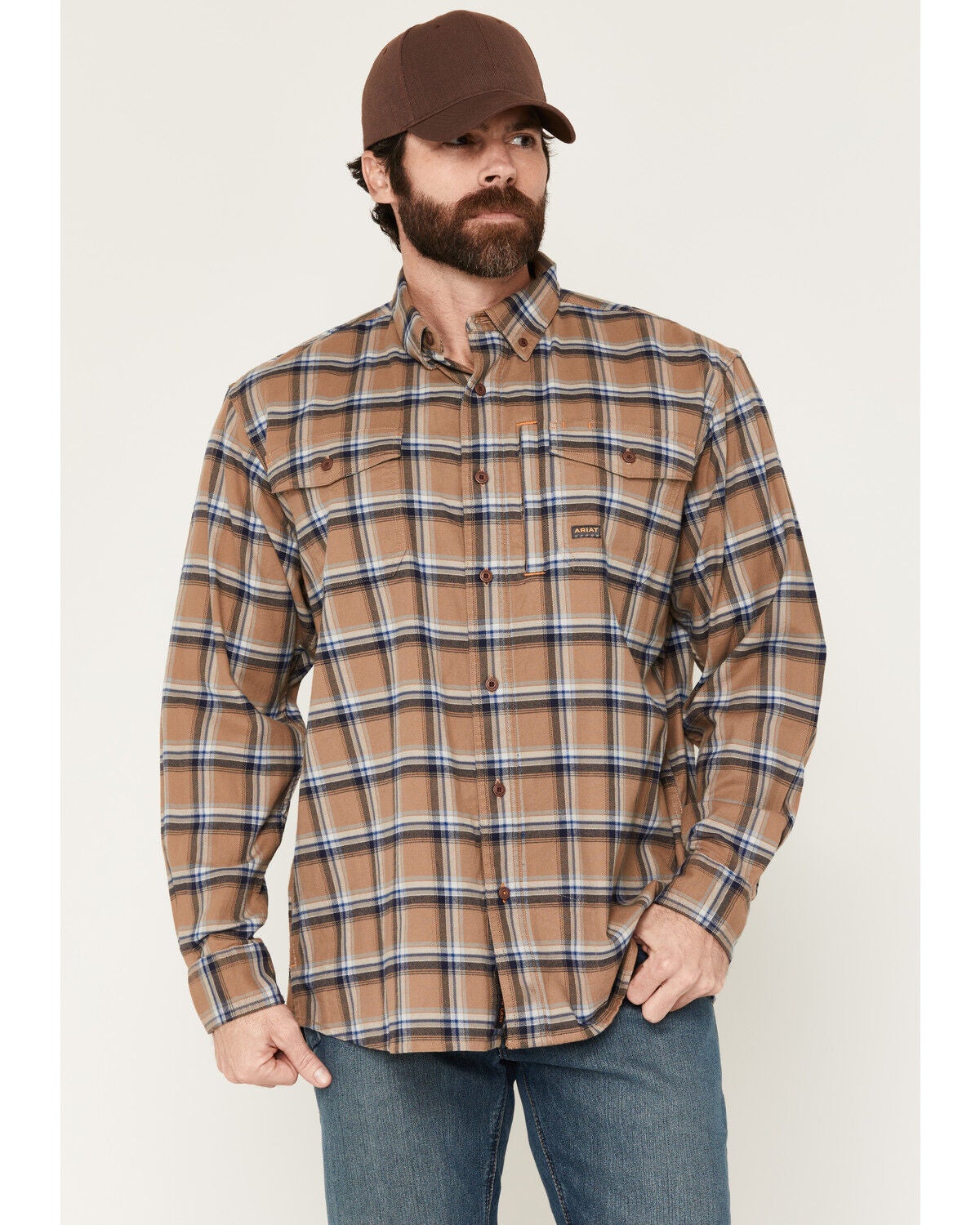 Ariat Men's Rebar Flannel Durastretch Long Sleeve Button-Down Stretch Work Shirt, Beige, hi-res