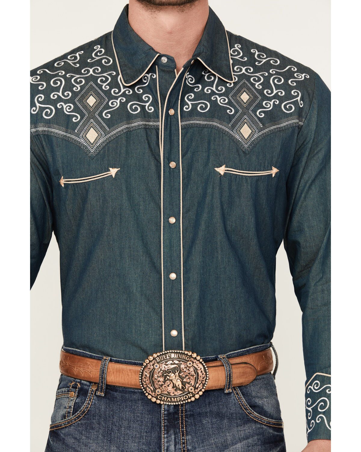 Image #3 - Scully Men's Denim Scroll Embroidered Long Sleeve Pearl Snap Western Shirt, Navy, hi-res