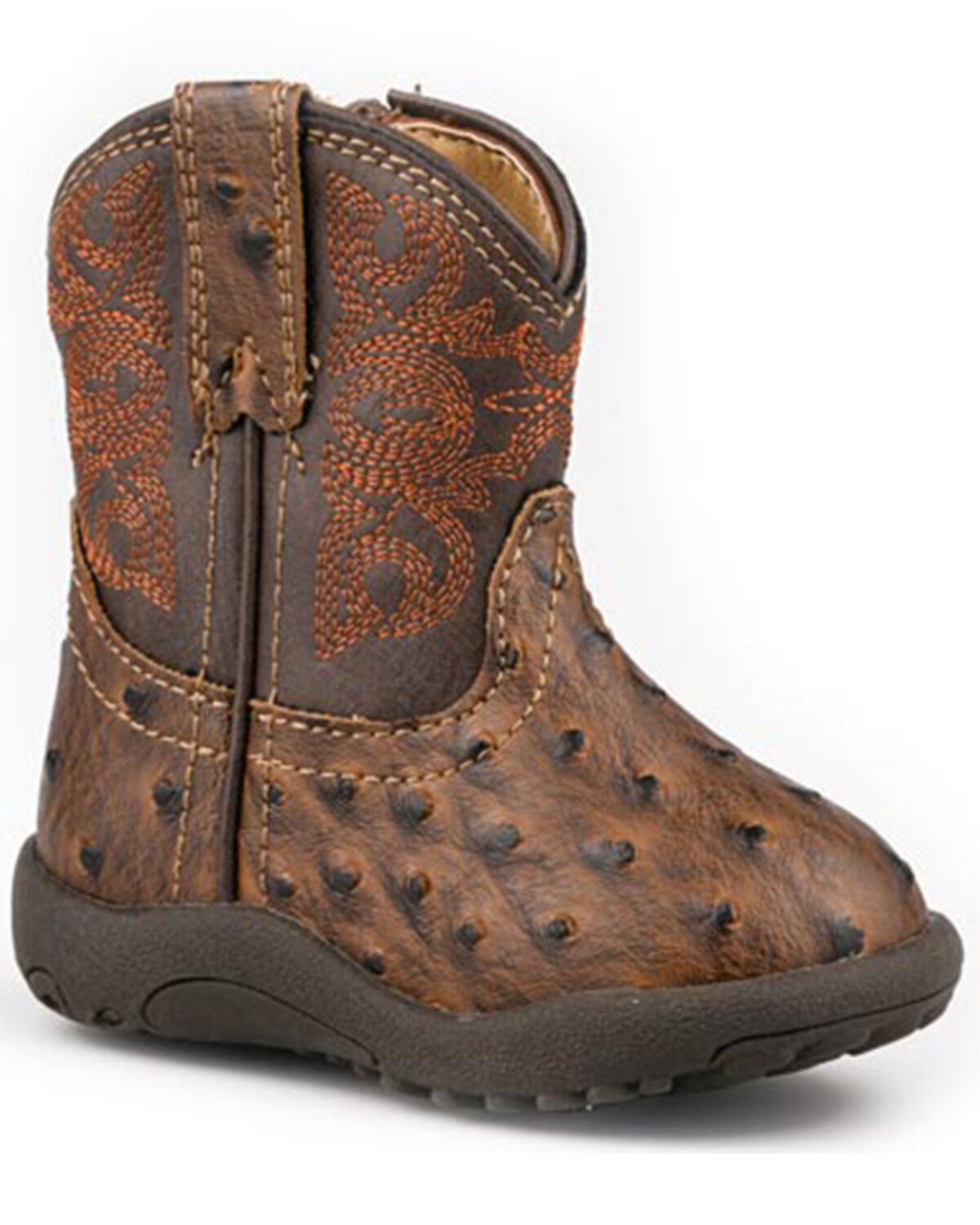 Roper Infant Boys' Cowbabies Luke Ostrich Print Western Boots - Round Toe, Brown, hi-res
