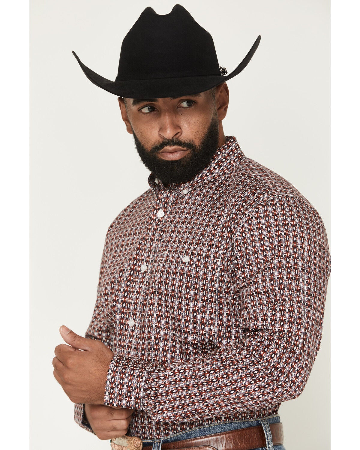 Image #2 - RANK 45&reg; Men's Sunburst Geo Print Long Sleeve Button-Down Western Shirt, Chilli, hi-res