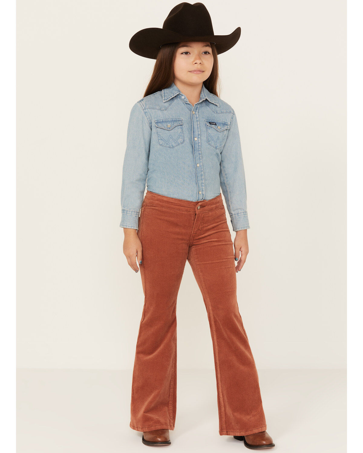 Image #1 - Rock & Roll Denim Girls' Corduroy Bargain Button Stretch Flare Jeans, Rust Copper, hi-res