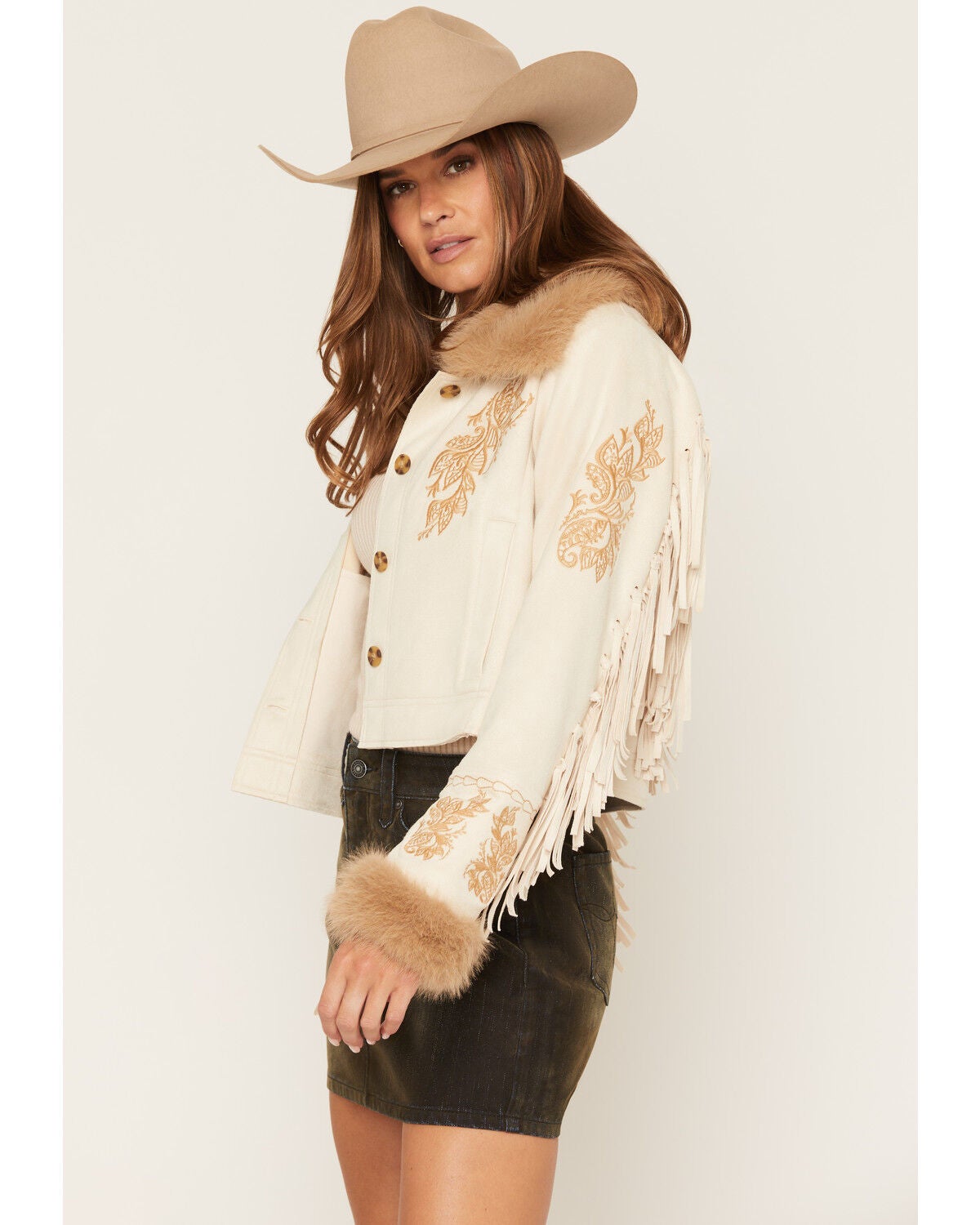 Image #2 - Shyanne Women's Merritt Embroidered Faux Suede Jacket, Beige, hi-res