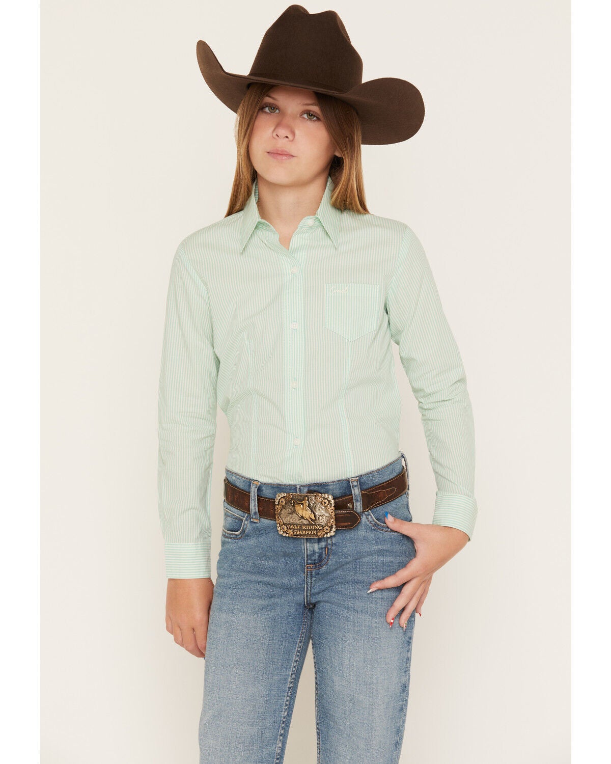 Image #1 - Cruel Girl Girls' Striped Print Long Sleeve Button-Down Western Shirt, Turquoise, hi-res