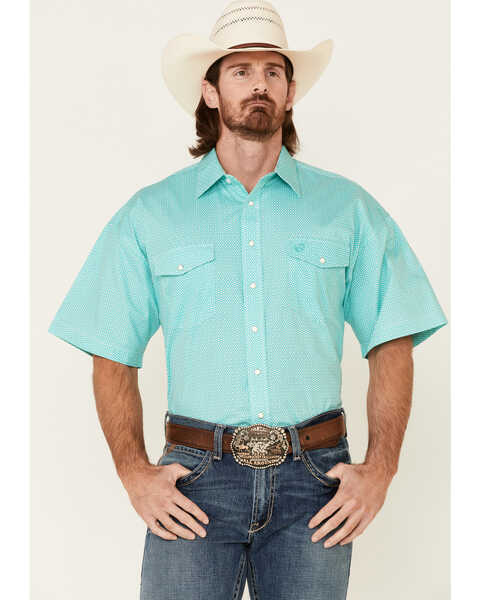 Panhandle Select Men's Emerald Geo Print Short Sleeve Snap Western Shirt , Green, hi-res