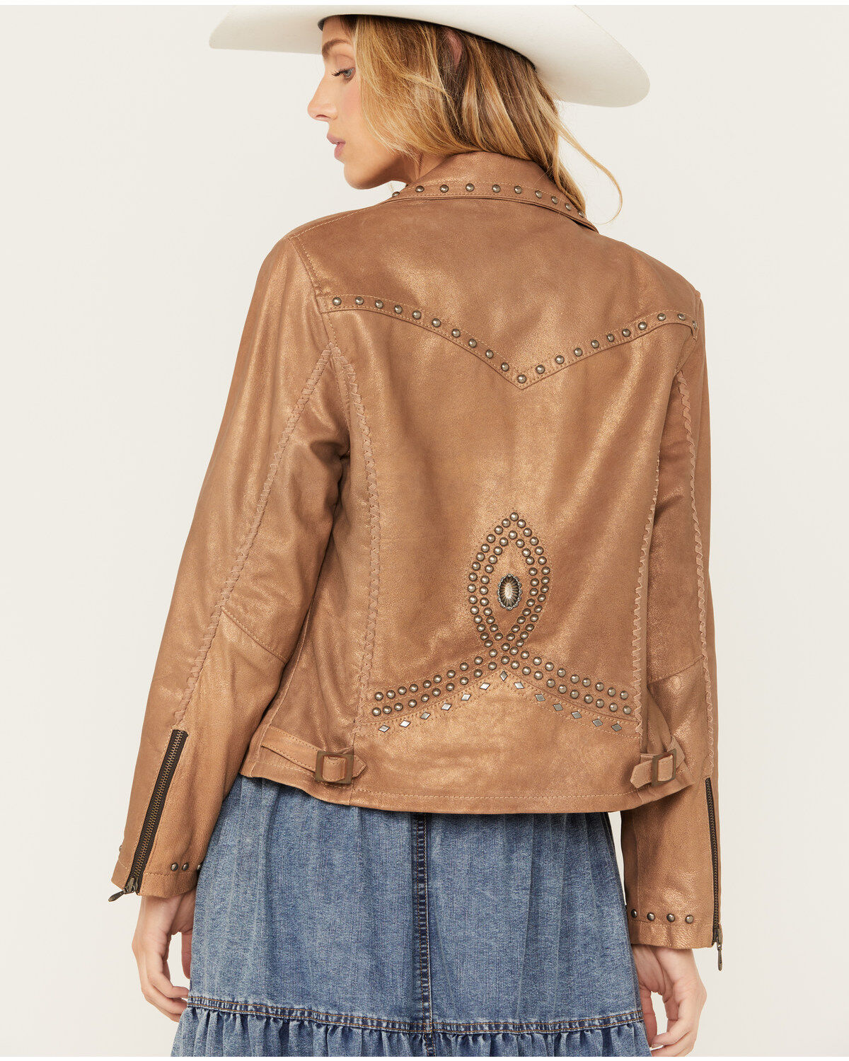 Image #4 - Cripple Creek Women's Asymmetric Front Studded Back Leather Jacket, Copper, hi-res