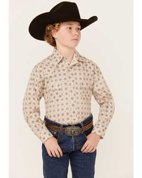 Rock & Roll Denim Boys Geo Print Long Sleeve Pearl Stretch Snap Western Shirt , Cream, hi-res
