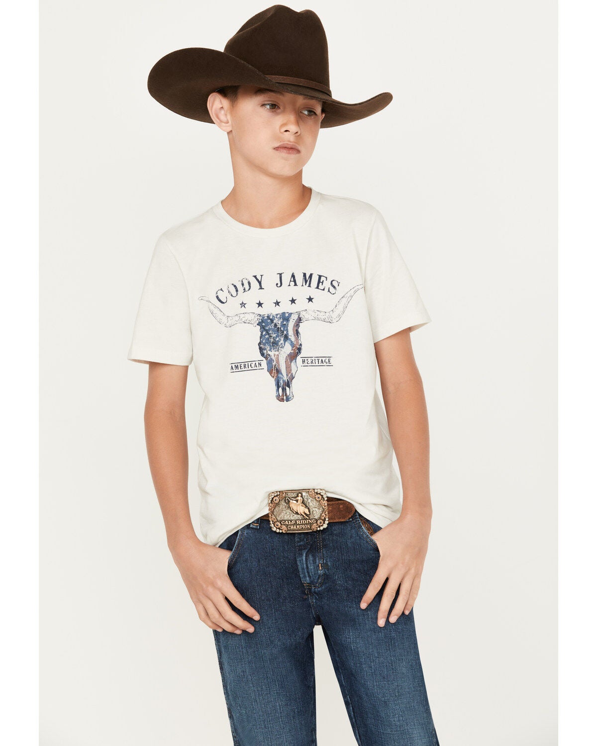 Cody James Boys' CJ Steer Head Short Sleeve Graphic T-Shirt, Ivory, hi-res