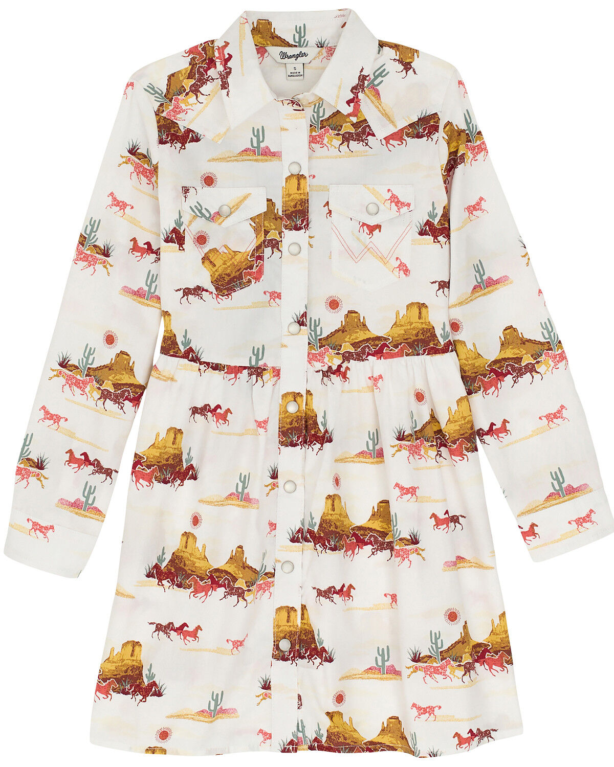 Image #1 - Wrangler Girls' Desert Print Long Sleeve Pearl Snap Dress, White, hi-res