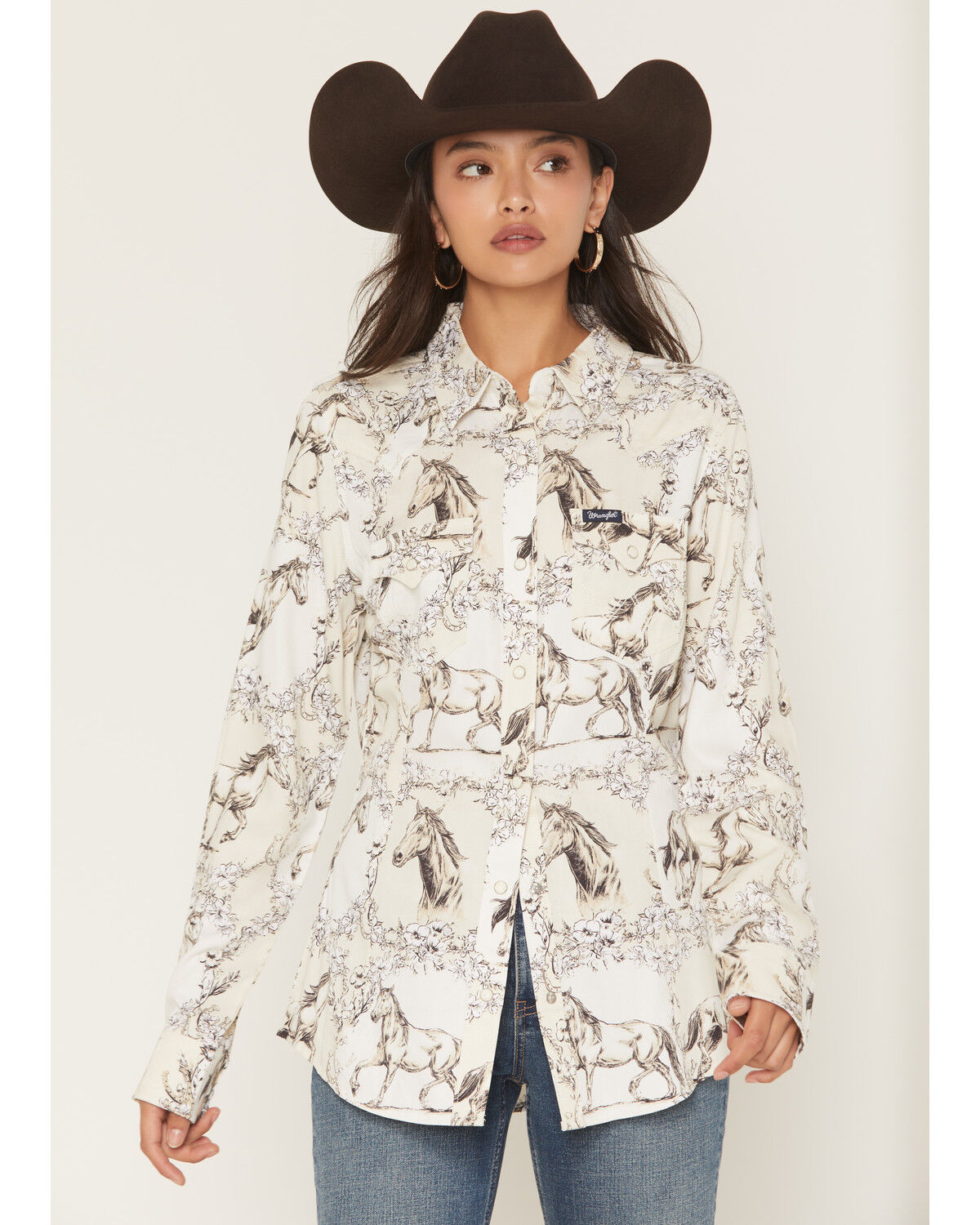 Wrangler Retro Women's Floral Horse Conversational Print Long Sleeve Snap Western Shirt, Cream, hi-res