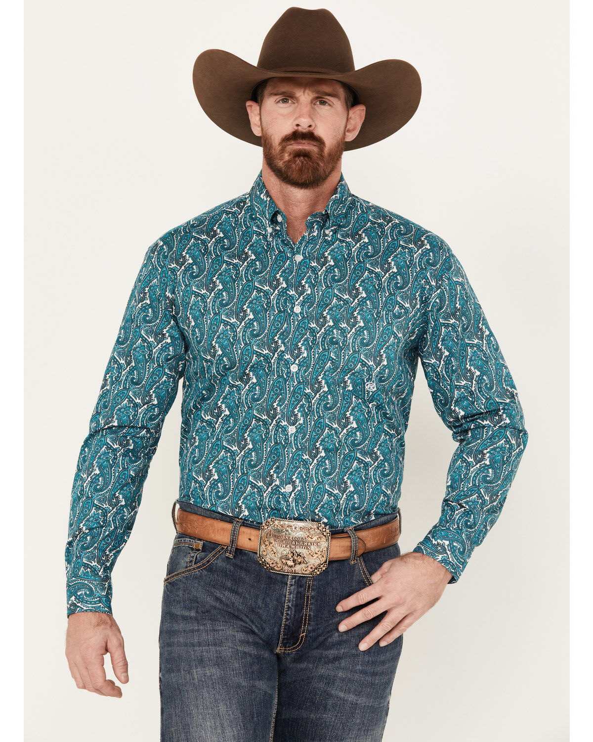 Image #1 - Roper Men's Amarillo Paisley Print Long Sleeve Button-Down Western Shirt, Teal, hi-res