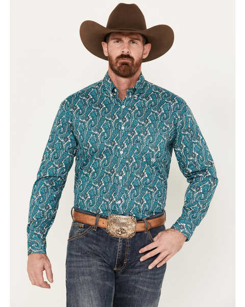 Roper Men's Amarillo Paisley Print Long Sleeve Western Snap Shirt, Teal, hi-res