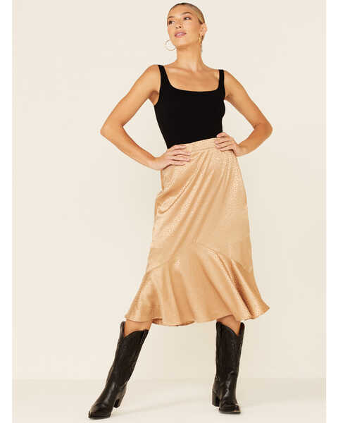 Very J Women's Satin Ruffle Midi Skirt , Cognac, hi-res