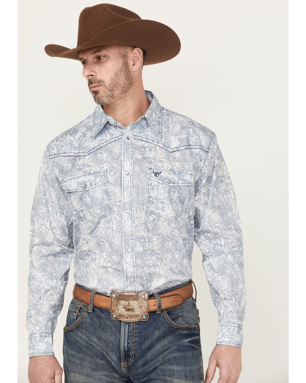 Cowboy Hardware Men's Paisley Print Long Sleeve Snap Stretch Western Shirt, Blue, hi-res