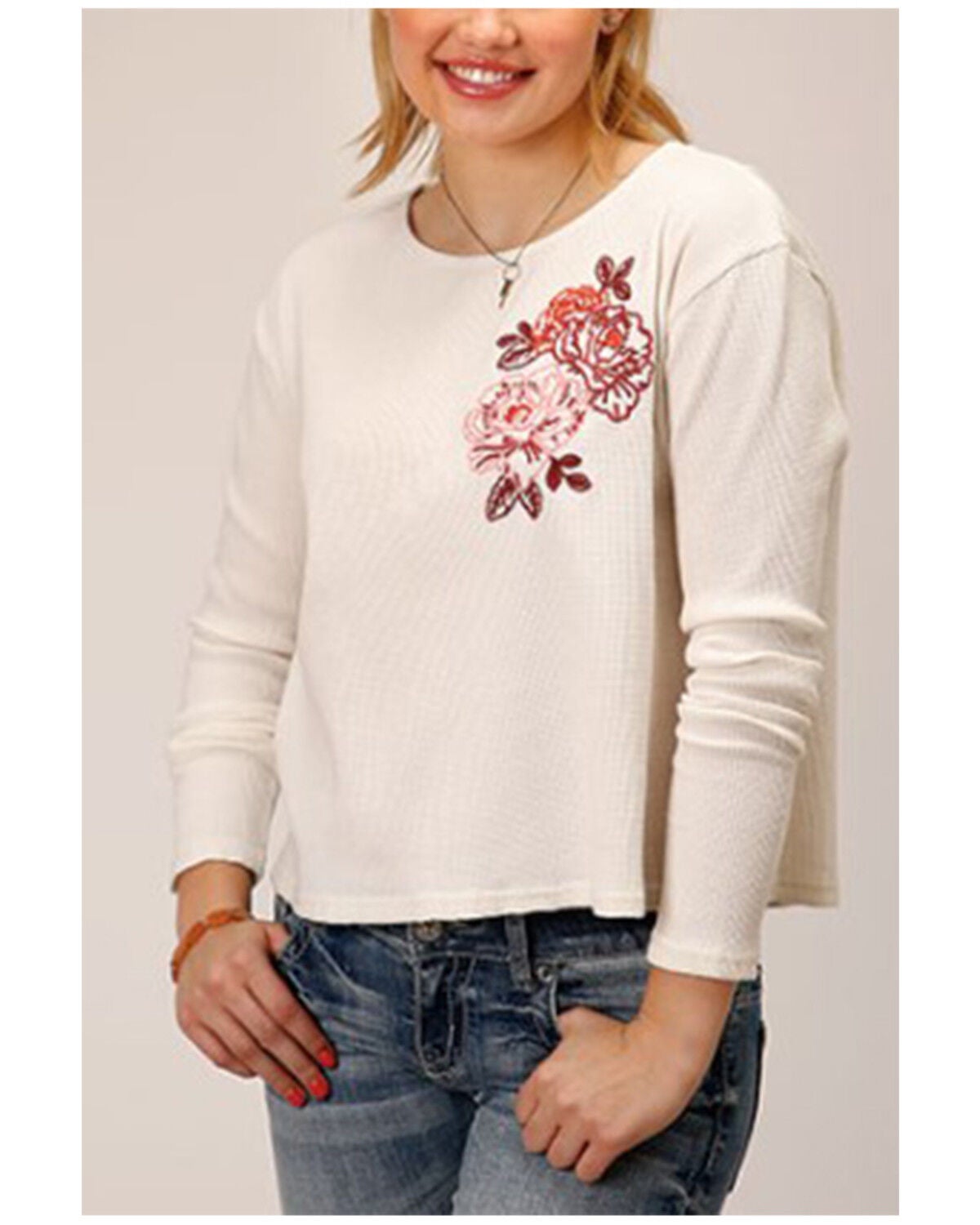 Roper Women's Waffle-Slub Knit Top, Cream, hi-res