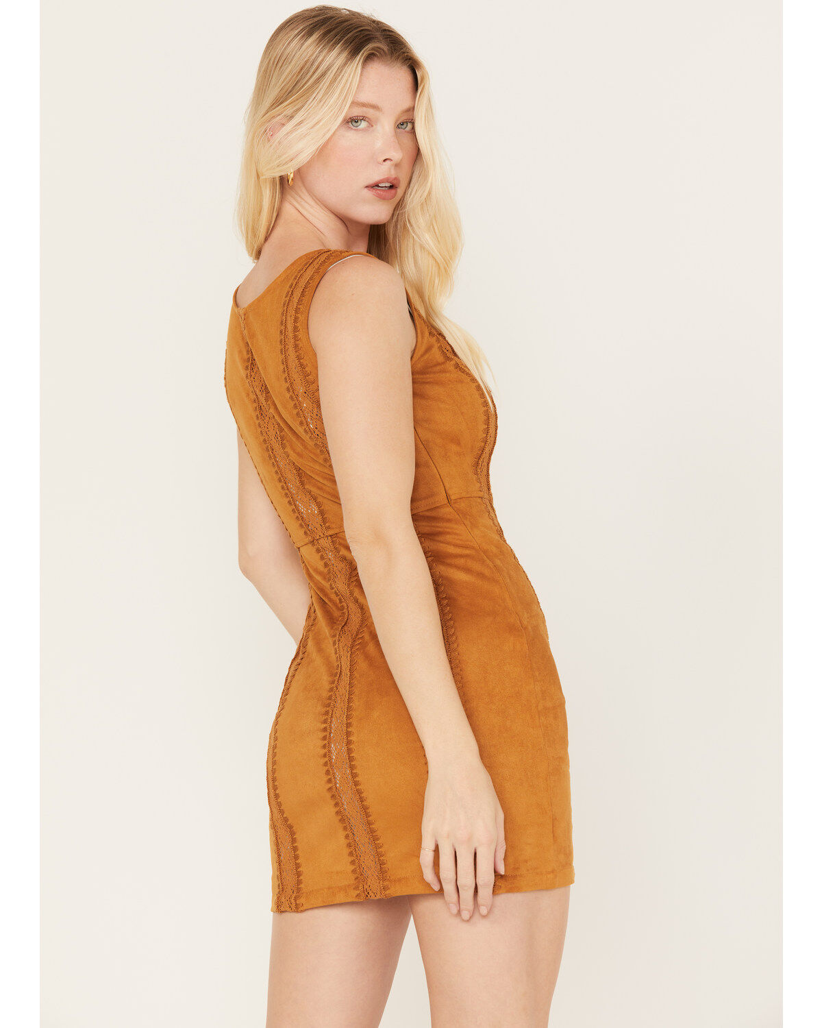 Image #4 - Shyanne Women's Faux Suede Crochet Mini Dress, Caramel, hi-res