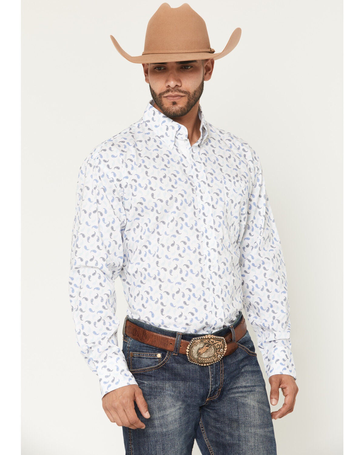 George Strait by Wrangler Men's Paisley Print Long Sleeve Button-Down Stretch Western Shirt - Tall, White, hi-res