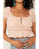 Image #2 - Jolt Women's Jacquard Crinkle Short Sleeve Peasant Crop Top, , hi-res