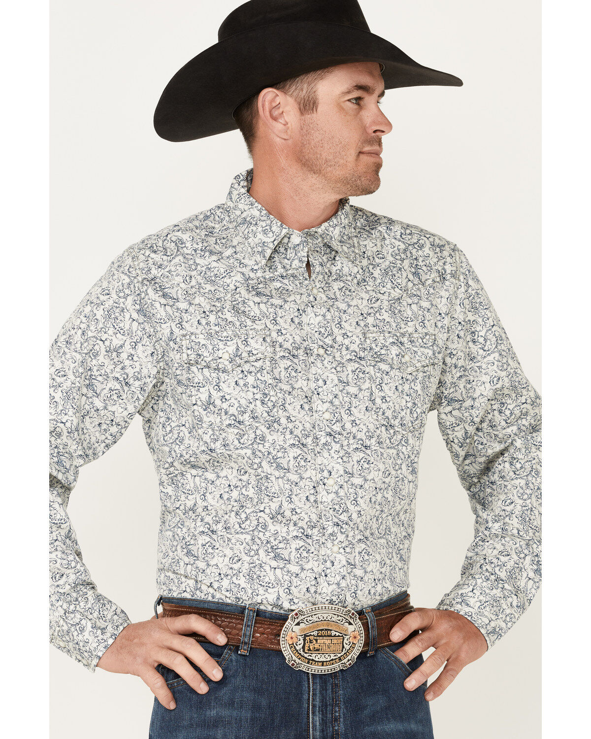 Image #2 - Wrangler Retro Premium Men's Paisley Print Long Sleeve Snap Western Shirt, Navy, hi-res