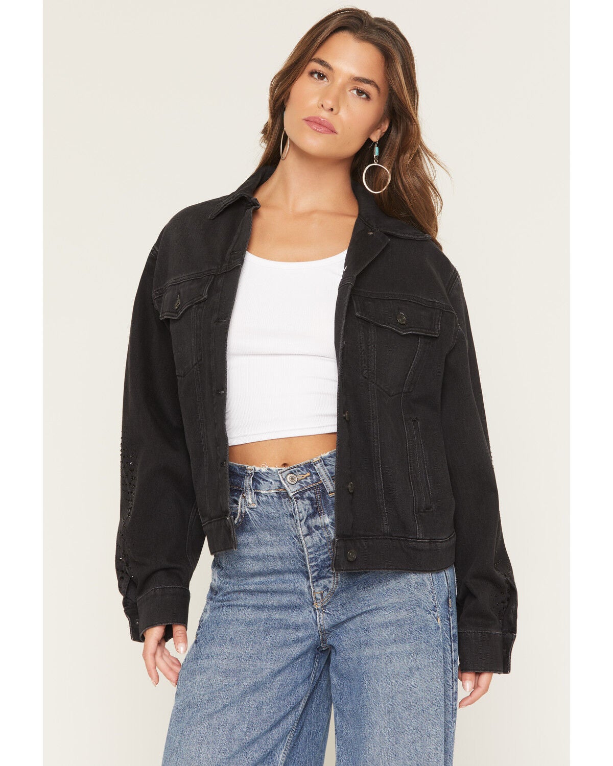 Image #1 - 7 For All Mankind Women's Thunderstorm Twisted Crystal Denim Jacket, Black, hi-res