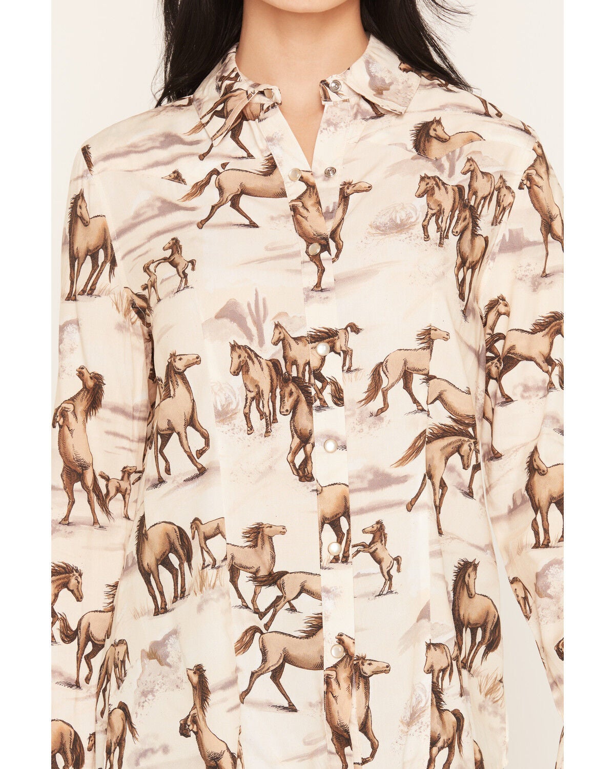 Image #3 - Lovlei Ranch Women's Cheyenne Wild and Free Horse Print Long Sleeve Pearl Snap Western Shirt, Ivory, hi-res