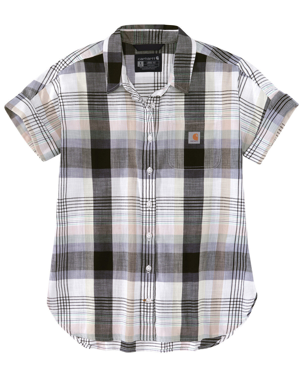 Image #2 - Carhartt Women's Loose Fit Plaid Twill Short Sleeve Button Down Work Shirt, White, hi-res