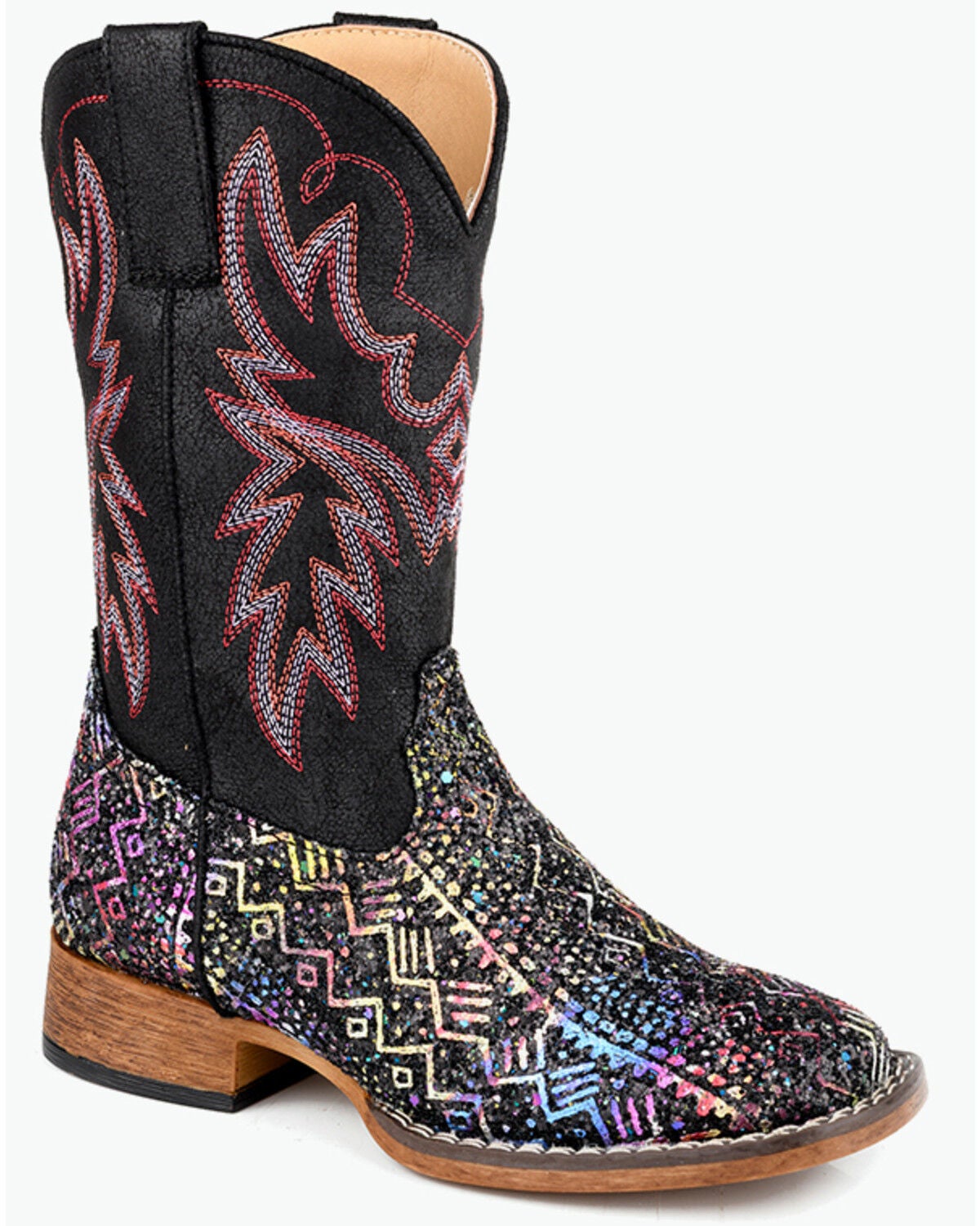 Image #1 - Roper Little Girls' Glitter Southwestern II Western Boots - Broad Square Toe, Black, hi-res